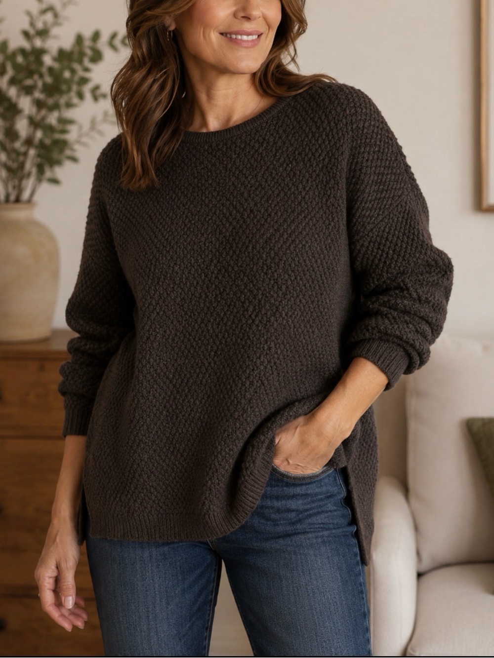 Eileen Fisher Chocolate Brown Textured Crewneck Sweater